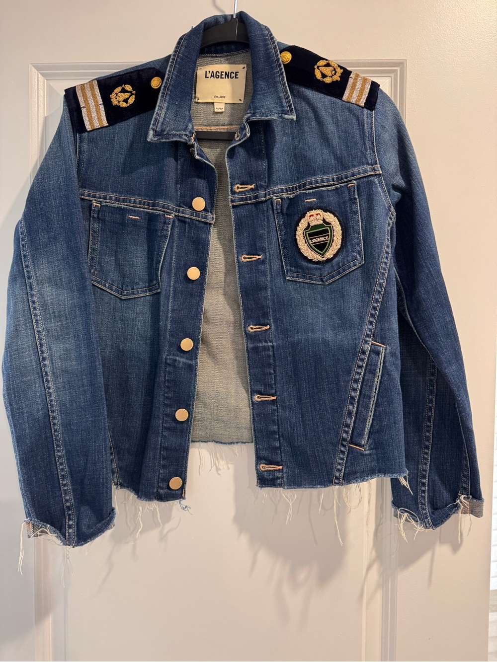 L'AGENCE Dark Blue Denim Jacket with Gold Buttons